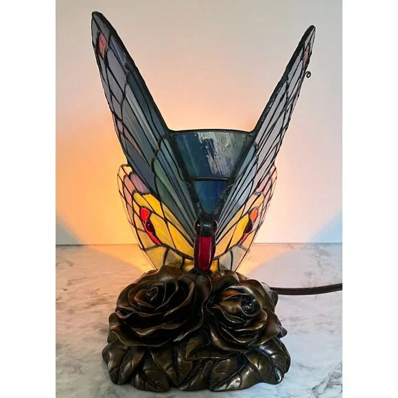 Tiffany Style Butterfly Accent Lamp Night Light Vintage Slag Glass Rose Base - Picture 5 of 16